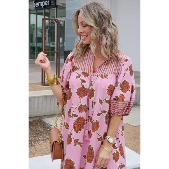 NWT Knox Rose A-line Floral Print Mini Dress Pink Bohemian Tunic Dress S - Picture 3 of 5